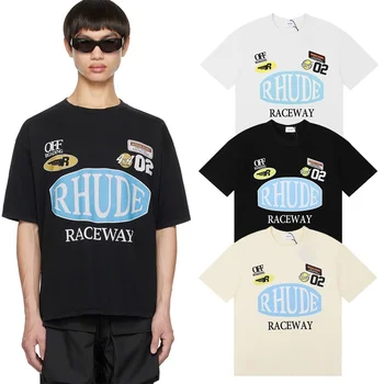 Новая классическая футболка в стиле RHUDE Raceway с буквенным логотипом в стиле хип-хоп для мужчин и женщин, пара, Черный, Белый, абрикосовый топ оверсайз с биркой