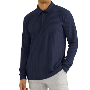 Новая мужская однотонная рубашка поло в полоску с длинным рукавом, Универсальная Удобная Повседневная рубашка из полиэстера, Топы, мужская одежда