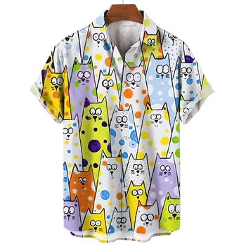 Новая мужская рубашка, гавайская мужская одежда с коротким рукавом, модная рубашка на пуговицах для мужчин, футболка с котенком Kawaii, милая блузка Harajuku