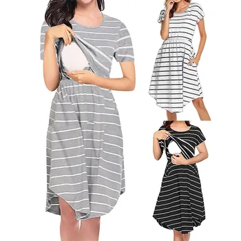 Новое женское летнее платье в полоску для беременных, пижама для беременных, Многофункциональное платье для кормящей матери в стиле пэчворк, Vestidos