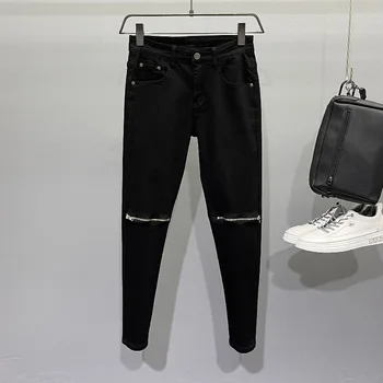 Новое поступление, модные Роскошные дизайнерские мужские Корейские обтягивающие джинсы-скинни с молнией до колена, дизайнерские Черные ковбойские уличные панк-брюки