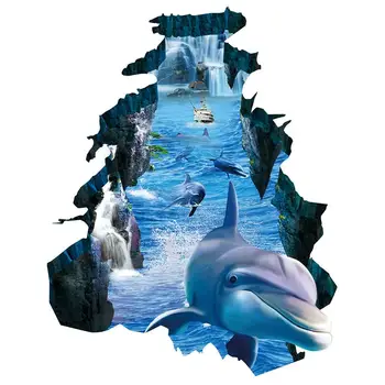 Новые 3D Наклейки на стену Dolphin Broken Wall Визуальная Защита окружающей среды Водонепроницаемые Нескользящие Наклейки на пол в гостиной и спальне