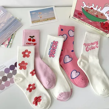 Новые женские носки с цветочным принтом, вишневым сердечком, розовыми мультяшными милыми носками, удобные дышащие хлопковые носки для экипажа