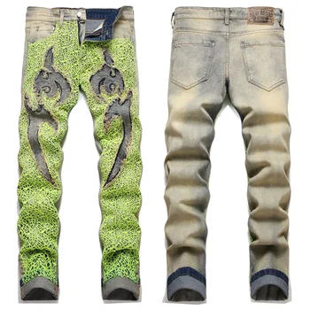 Новые летние уличные Модные мужские джинсы без резинки с вышитыми буквами в виде паутины 2023 года, облегающие брюки средней посадки, Оптом