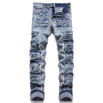 Новые модные мужские байкерские джинсы, мужские эластичные облегающие рваные обтягивающие джинсы высокого качества в стиле хип-хоп, мужские джинсовые брюки в стиле панк