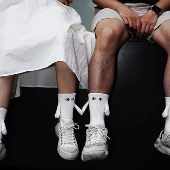 Носки для творческой пары, магнитное притяжение, рука об руку, носок с мультяшными глазами, забавные хлопковые дышащие носки для рук средней длины
