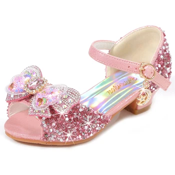 Обувь принцессы для девочек, модные кожаные туфли со стразами, хрустальные туфли, повседневная блестящая детская обувь для девочек на высоком каблуке, детские сандалии