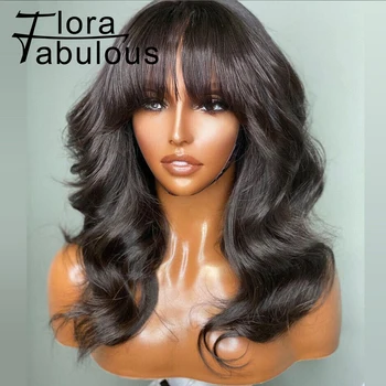 Объемные волнистые парики из человеческих волос с челкой, полностью Машинный парик, 14-дюймовые короткие Волнистые парики-бобы, кружевной топ, бесклеевые Бразильские волосы Remy для женщин
