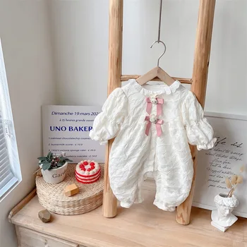 Одежда для маленьких девочек, кружевной галстук-бабочка принцессы, осенняя одежда 2023 года, вещи для новорожденных с кроликом, комбинезон, костюм от 0 до 12 месяцев, цельные