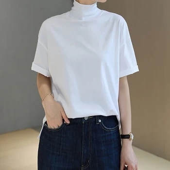 Однотонная футболка с высоким воротом, японская футболка с коротким рукавом, женская летняя свободная повседневная нижняя рубашка, белая / черная