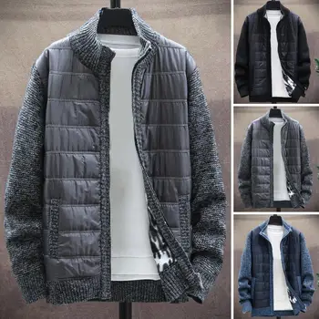 Однотонное пальто Стильное мужское пальто-свитер с воротником-стойкой, планка на молнии для осенне-зимней моды, куртка-пальто