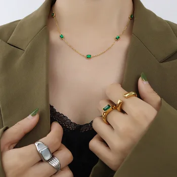 Ожерелье из нержавеющей стали SDA, зеленые цепочки с фианитами, винтажные ювелирные изделия в корейском стиле из 18-каратного золота для женщин