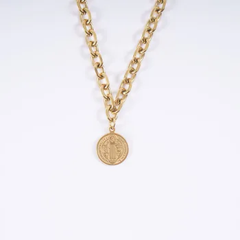 Ожерелье с крестом Сан-Бенито из нержавеющей стали для женщин, медаль Святого Бенедикта, металлическое колье с тяжелой цепью Rolo Link 8 мм