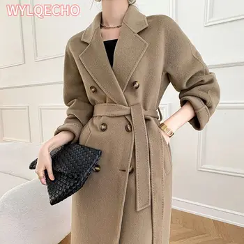 Осенне-зимнее новое кашемировое пальто, женское классическое двубортное женское длинное пальто из утолщенной двусторонней шерсти.