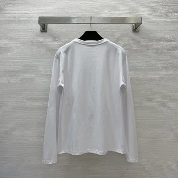 Осень 2023, простая повседневная хлопковая рубашка с длинным рукавом и круглым вырезом, футболка