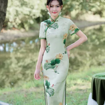 Осенью 2023 года Новое женское длинное винтажное приталенное китайское традиционное платье Чонсам Qipao Элегантное Свежее длинное платье для выпускного вечера