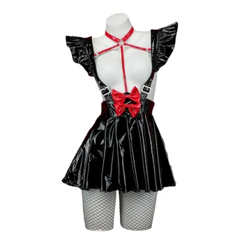 Панк-девушка-дьявол в стиле Лолиты, юбка на подтяжках из искусственной кожи с рюшами, женская одежда для косплея в стиле аниме, одежда для кофе горничной, Униформа, платье Челнока