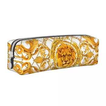 Пенал с Золотым Львом и дамасским орнаментом, классическая коробка для ручек, сумки для карандашей, Студенческий Большой Офисный косметический пенал для хранения