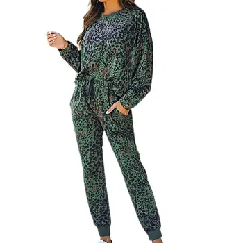 Пижамный комплект с леопардовым принтом, штаны с завязками на щиколотках, комплект из двух предметов с длинным рукавом, женская пижама с леопардовым принтом