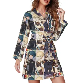Пижамный халат Genshin Impact С V-образным вырезом, Милое платье, Женская Повседневная Ночная рубашка с длинным рукавом, Пижамы с принтом, Халаты