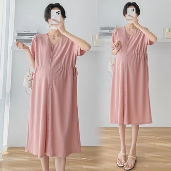 Платье для беременной женщины Лето 2023 Мода Элегантное Свободное платье для беременных и кормящих с коротким рукавом Платья на пуговицах с завязками на талии