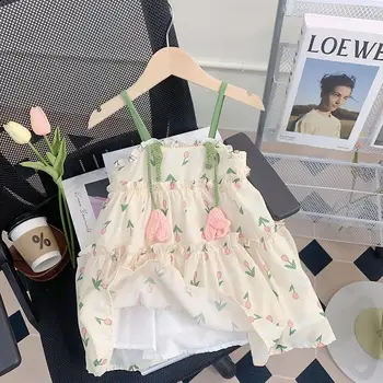 Платье для девочек Летняя мода 2023 г. Новый летний шифоновый сарафан принцессы с цветочным рисунком Тонкая Дышащая Повседневная Корейская версия