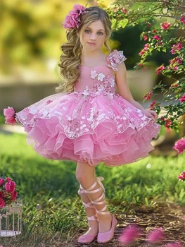 Платья для девочек-цветочниц из розового тюля с пышными аппликациями и цветами без рукавов для свадьбы, банкета, дня рождения, платья для первого причастия