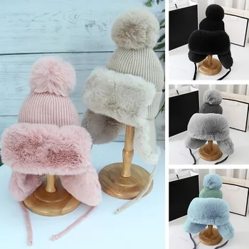 Плюшевая шапка-ушанка, модная вязаная шапка-бомбер из искусственного меха, однотонная утолщенная лыжная шапка для женщин, зимний подарок на открытом воздухе