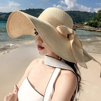 Пляжная солнцезащитная соломенная шляпа для женщин, летняя корейская версия, шляпа с большими краями для праздничной прогулки, складная шляпа Bones Masculinos