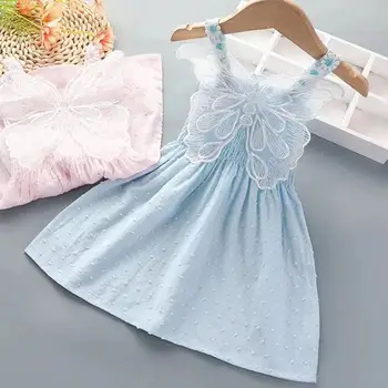 Повседневное платье для маленьких девочек Летнее Новое хлопковое платье принцессы с крыльями Бабочки без рукавов, Однотонное платье Vestidos Kids, детская одежда
