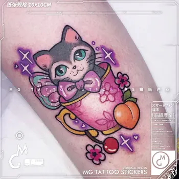 Поддельные татуировки для женщин, наклейка с татуировкой в стиле мультфильма аниме, Стойкая татуировка на руке, Красочная чашка с кошкой, водонепроницаемая временная татуировка, наклейка