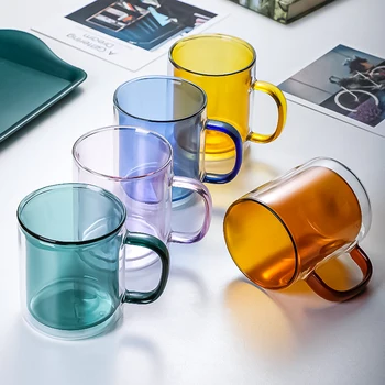 Посуда для напитков, Прозрачная Стеклянная кружка, Двухцветное стекло с ручкой, Кофейная чашка, Стеклянная бутылка для воды, Кружка высокого качества