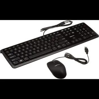 Проводная компьютерная клавиатура Amazon Basics USB (QWERTY) и мышь в комплекте, черный