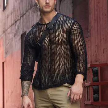 Прозрачный мужской сетчатый топ с круглым вырезом и длинными рукавами, открытая Сексуальная мужская нижняя рубашка, трикотажная сетчатая верхняя одежда для мужчин