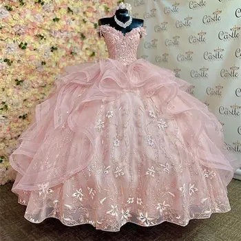 Пышные платья 3D Flora Sweetheart с открытыми плечами, аппликации, Цветы, Сладкие вечерние платья принцессы на 15 Дней Рождения, Vestidos De 15 05