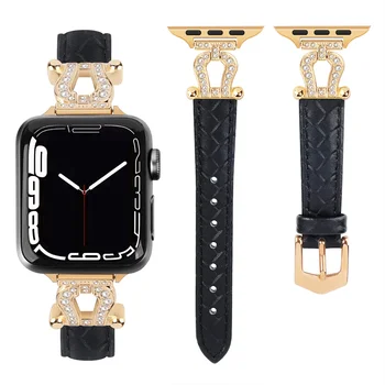 Ремешок с бриллиантами для Apple Watch Band 44 мм 45 мм 41-42-40-38 мм роскошный Кожаный браслет iwatch series 8 7 SE 6 5 4 Ultra 49 мм