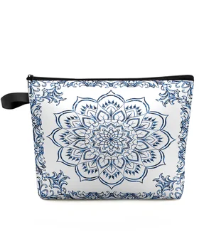 Ретро-синяя дорожная косметичка с рисунком Мандалы большой емкости, Переносная сумка для хранения косметики, женский водонепроницаемый пенал