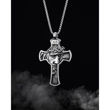 Ретро христианский крест, Лицо Иисуса, мужская подвеска, трендовое ожерелье, цепочка на ключицу для мужской шеи из нержавеющей стали, Модные религиозные украшения