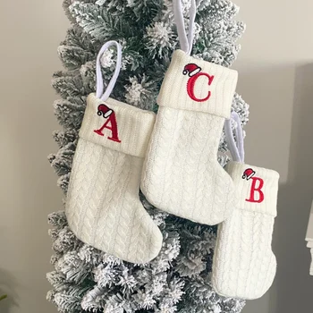 Рождественские носки С буквами алфавита в виде снежинок, Рождественский вязаный чулок, Украшение Рождественской елки для дома, Рождественский подарок, белый