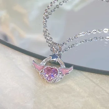 Розовое хрустальное ожерелье Love Wings для женщин Kpop Fashion Звезда Цветок Подвеска в виде сердца Колье Ожерелье Подарок на День Святого Валентина Ювелирные изделия