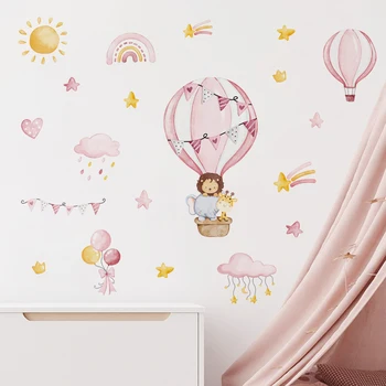 Розовый Горячий воздушный шар, животные, Слон, Солнце, Акварельные наклейки на стены для гостиной, спальни, детской, Наклейки на стены детской, Домашний декор