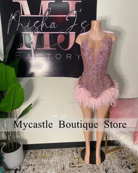 Роскошные мини-коктейльные платья с розовыми перьями из бисера 2023 для чернокожих девушек, короткие платья для выпускного вечера в стиле русалки, платье для вечеринки по случаю дня рождения
