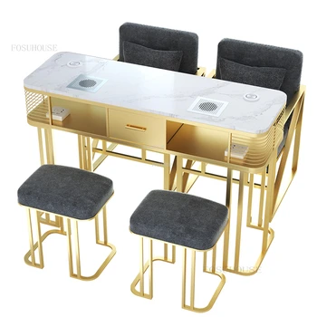 Роскошные столы для маникюра из золотистого железа с пылесосом, столы для маникюра, мебель для салона, стол для маникюра на двоих, B