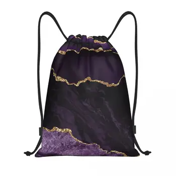Рюкзак на шнурке из фиолетового и золотого агата для женщин и мужчин, рюкзак для спортзала, переносная мраморная геометрическая сумка для тренировок.