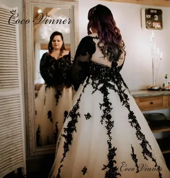 Свадебное платье большого размера с прозрачной спинкой Черного цвета С длинными рукавами, кружевная вышивка бисером, свадебное платье на заказ W1089