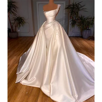 Свадебное платье Русалки из хрустального атласа принцессы со съемным шлейфом, свадебное платье на одно плечо, халат, сшитый на заказ, халат на шнуровке сзади