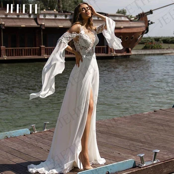 Свадебные платья JEHETH Boho Beach для женщин, сексуальные свадебные платья трапециевидной формы с разрезом без спинки, шифоновые кружевные аппликации, Vestido De Casamento
