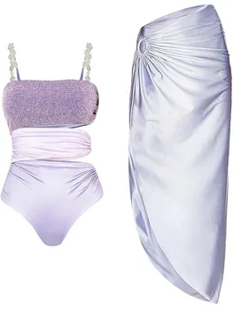 Светло-фиолетовая мода Включает цельное загадочное элегантное бикини С градиентными цветными блоками, Кружевные бретельки и длинную накидку для женщин