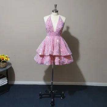 Сексуальные розовые короткие платья для выпускного вечера, многоуровневая юбка с открытой спиной, Эластичные платья с пайетками для дня рождения, вечерние платья Robe De Soiree