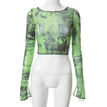 Сексуальный прозрачный укороченный топ с винтажным графическим принтом, зеленая сетчатая прозрачная футболка с длинным расклешенным рукавом, приталенная футболка, женская одежда, топ Y2k